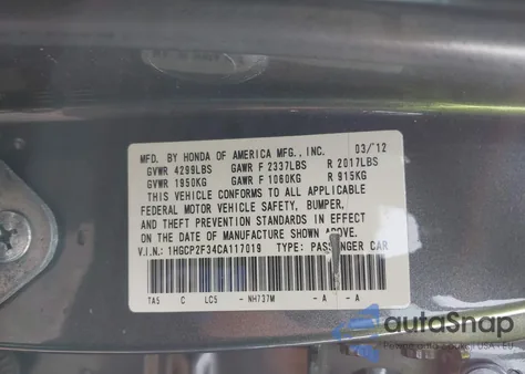 2012 Honda Accord 2.4 Lx from USA, damaged, VIN 1HGCP2F34CA117019